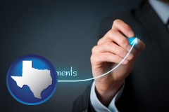 texas map icon and investment growth curve